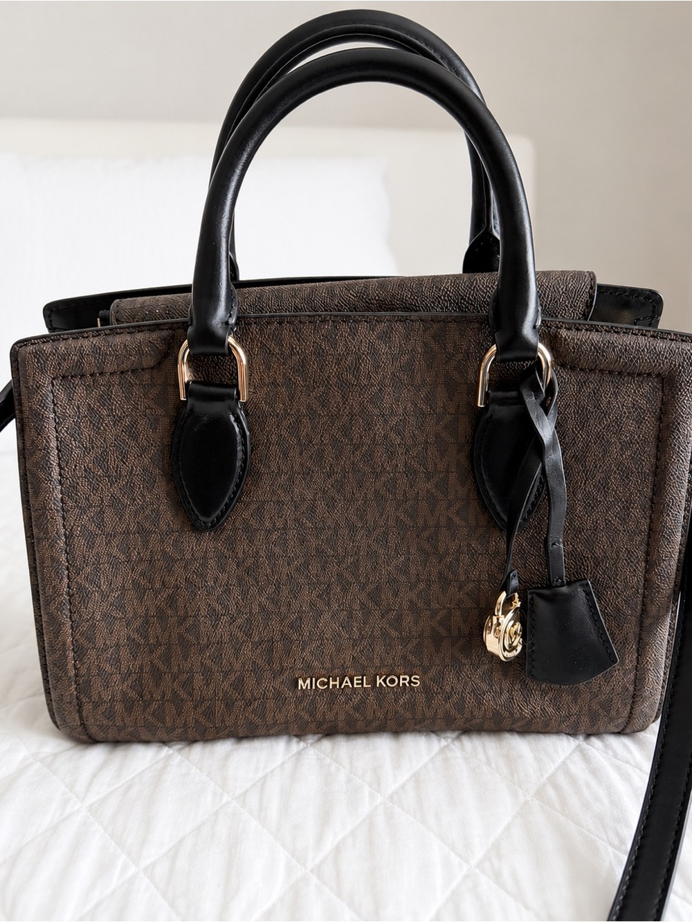 Michael Kors Brown Signature Logo Satchel Crossbody Bag Black Gold